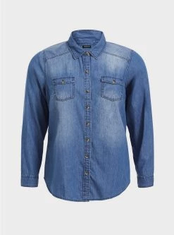 TORRID Taylor Medium Wash Denim Button-Down Shirt -Cheap Torrid Shop 10262076 07503 flat