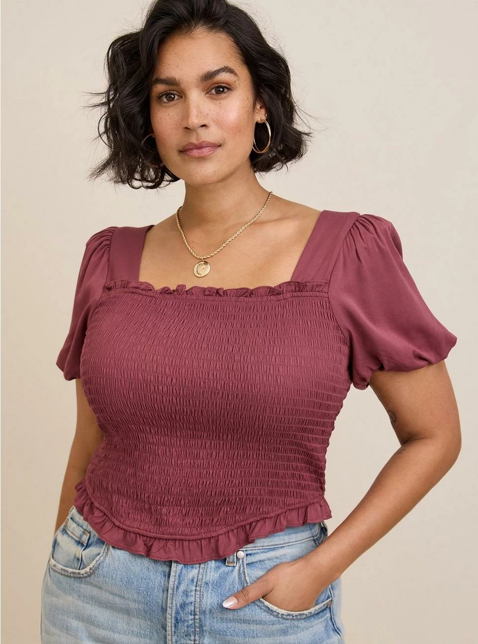 TORRID Stretch Challis Smocked Puff Sleeve Crop Top 4 TORRID Stretch Challis Smocked Puff Sleeve Crop Top - Image 2