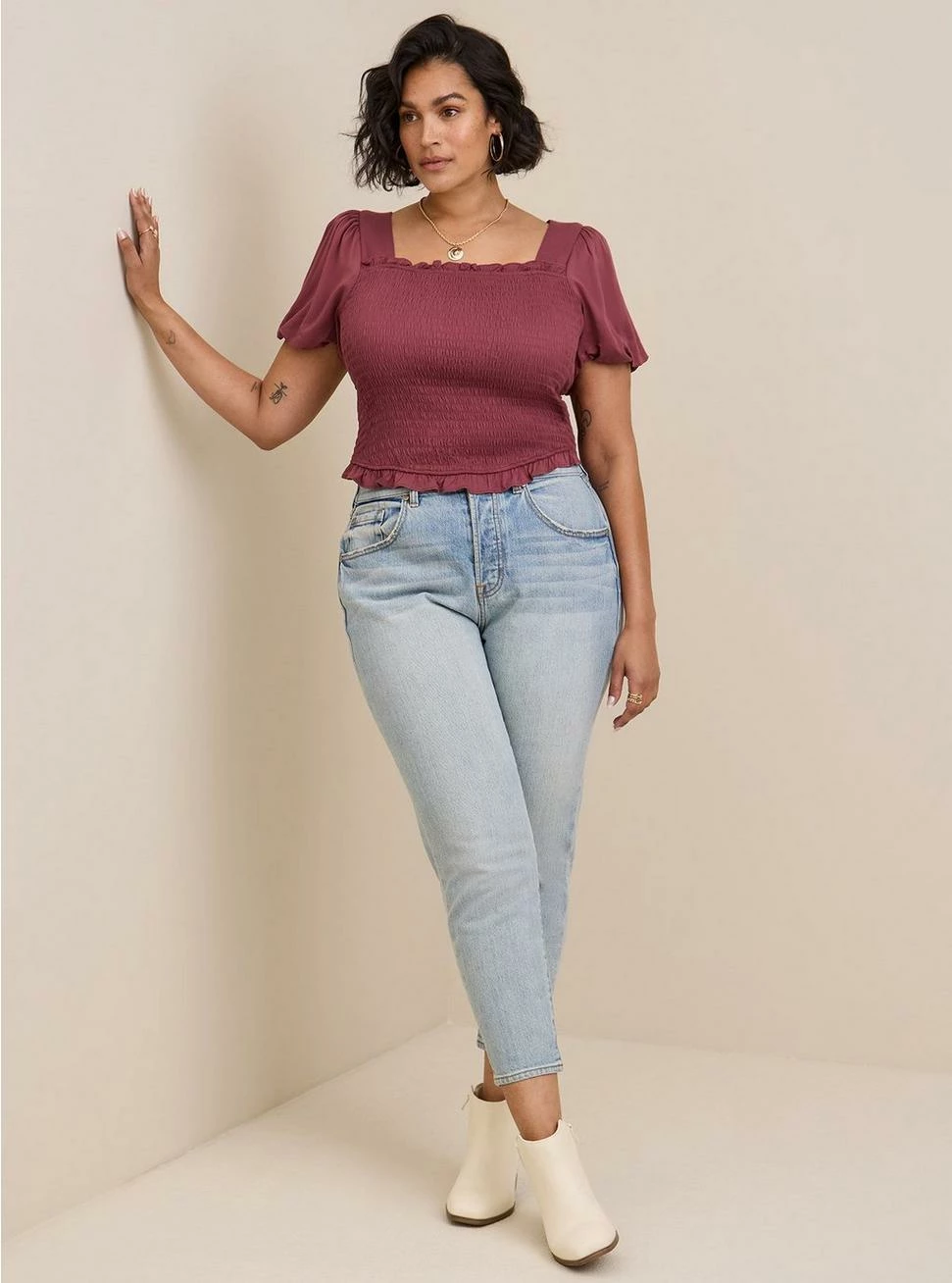 TORRID Stretch Challis Smocked Puff Sleeve Crop Top 3 TORRID Stretch Challis Smocked Puff Sleeve Crop Top