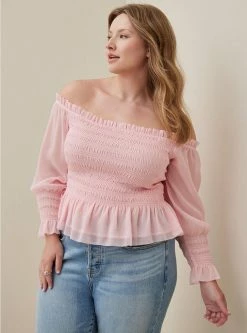 TORRID Crinkle Chiffon Smocked Waist Off-Shoulder Crop Top