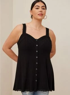 TORRID Fit And Flare Rayon Slub Lace Trim Button-Front Tank