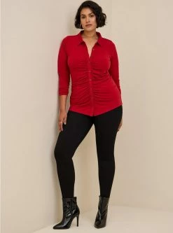 TORRID Studio Knit Shirred Front Button-Front Shirt -Cheap Torrid Shop 18855500 00006 av2