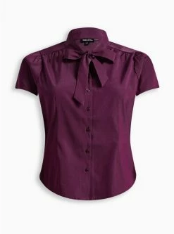 Retro Chic Poplin Tie Neck Button Front Shirt -Cheap Torrid Shop 18944153 07891 flat