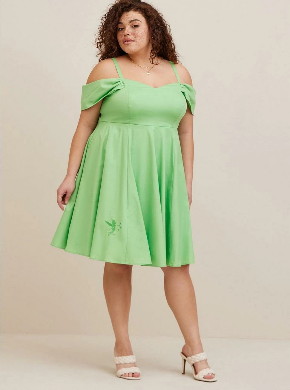 TORRID Disney Tinkerbell Stretch Poplin Off Shoulder Dress 3 TORRID Disney Tinkerbell Stretch Poplin Off Shoulder Dress