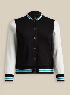 TORRID Fleece Faux Leather Sleeve Varsity Bomber Jacket -Cheap Torrid Shop 19673503 00684 flat