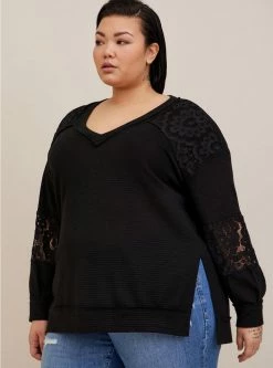 TORRID Waffle V-Neck Lace Inset Sweatshirt