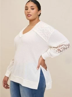 TORRID Waffle V-Neck Lace Inset Sweatshirt