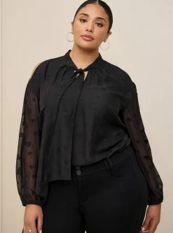 TORRID Clip Dot Tie Front Cold Shoulder Blouse
