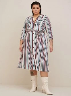 TORRID Midi Stretch Challis Button Front Shirt Dress Multi Stripe