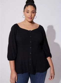 TORRID Fit & Flare Rayon Slub Button Up Long Sleeve