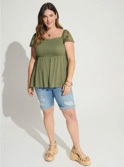 TORRID Cotton Modal Slub Smocked Bodice Lace Flutter Sleeve Babydoll Top -Cheap Torrid Shop 40086544 10321 av1