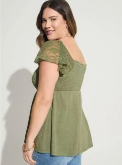 TORRID Cotton Modal Slub Smocked Bodice Lace Flutter Sleeve Babydoll Top -Cheap Torrid Shop 40086544 10321 av2