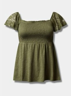 TORRID Cotton Modal Slub Smocked Bodice Lace Flutter Sleeve Babydoll Top -Cheap Torrid Shop 40086544 10321 flat