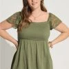TORRID Cotton Modal Slub Smocked Bodice Lace Flutter Sleeve Babydoll Top -Cheap Torrid Shop 40086544 10321 hi