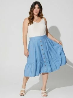 TORRID Midi Chambray Button Up Tiered Skirt