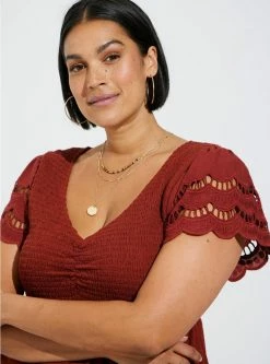 TORRID Cotton Modal Slub V-Neck Smocked Bodice Eyelet Sleeve Babydoll Top