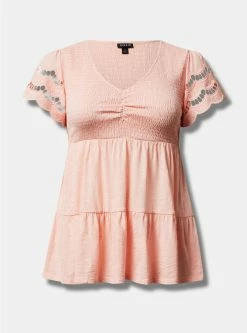 TORRID Cotton Modal Slub V-Neck Smocked Bodice Eyelet Sleeve Babydoll Top -Cheap Torrid Shop 40200073 07094 flat