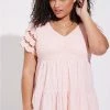 TORRID Cotton Modal Slub V-Neck Smocked Bodice Eyelet Sleeve Babydoll Top