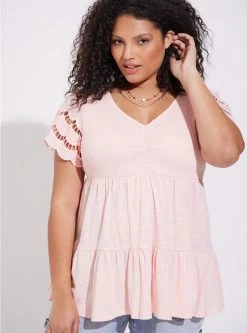 TORRID Cotton Modal Slub V-Neck Smocked Bodice Eyelet Sleeve Babydoll Top