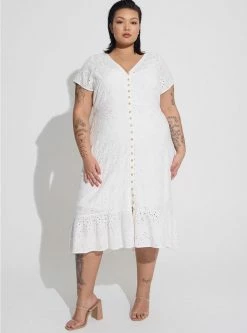 TORRID Midi Eyelet Hi Low Button Front Shirt Dress